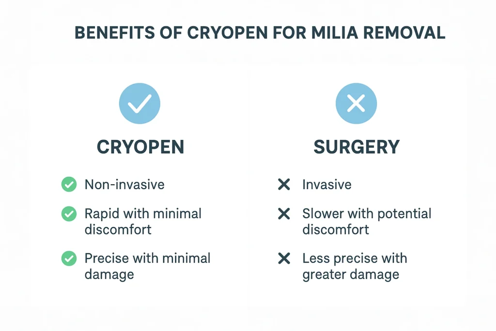 Benefits of cryopen for milia removal Yateley compared to surgical treatments.