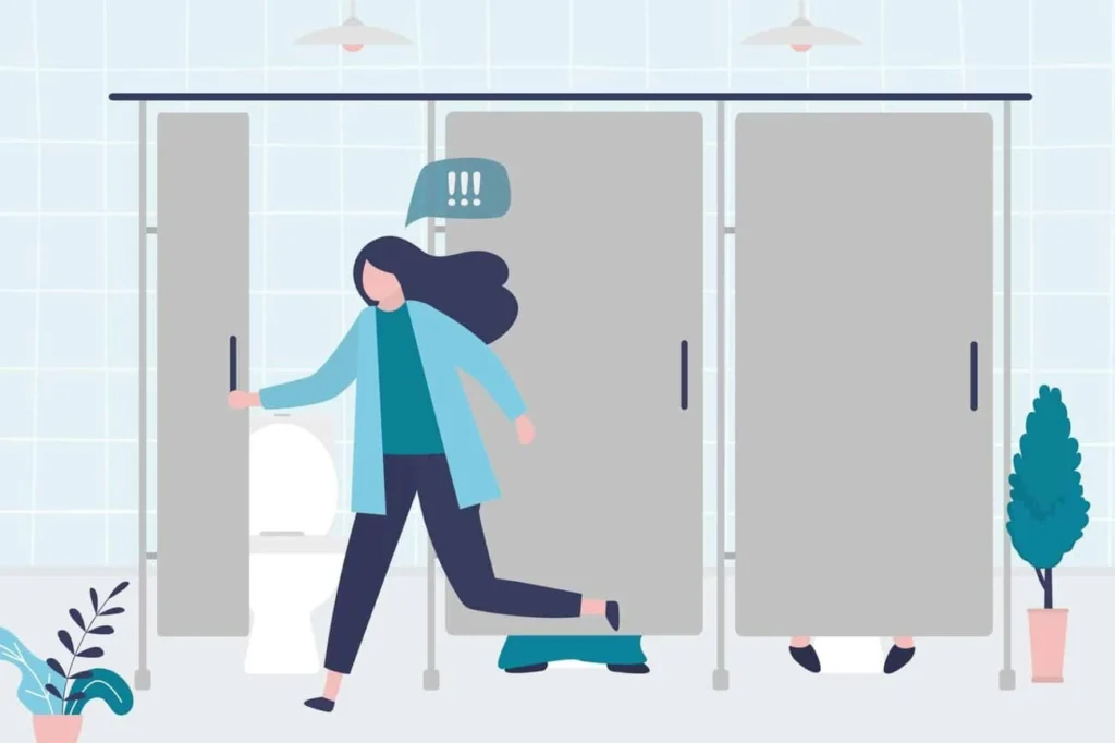 graphic of Urine incontinence Yateley woman running to the toilet.