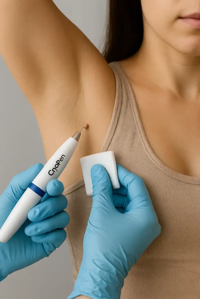 woman having cryopen to remove underarm skin tags Yateley